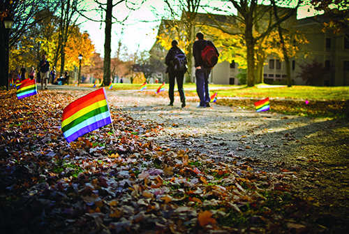 Rainbow flags along a student pathway on a campus in fall.