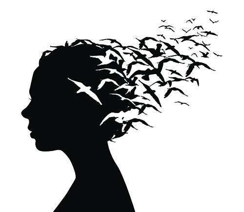 silhouette of woman with seagulls flying from her head