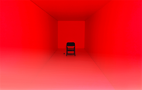 room with red walls and ceiling with metal folding chair