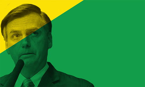 image of Brazilian president Jair Bolsonaro superimposed over part of Brazilian flag