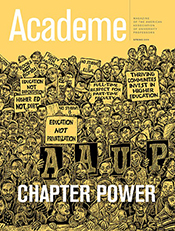 spring 2019 Academe cover with illustration of large group of faculty holding AAUP signs and signs advocating for higher ed issues