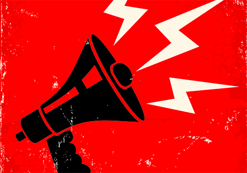 Graphic of bullhorn with lightning bolts coming out of it to symbolize sound; red background with faded look.