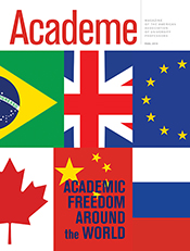 overlapping images of Brazilian, UK, EU, Canadian, Chinese, and Russian flags on Academe magazine cover