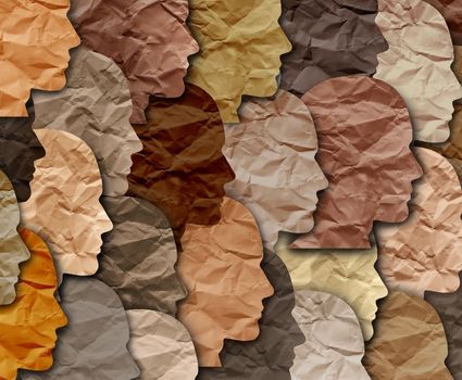 Paper silhouettes of heads in colors evoking various skin tones, with slight wrinkles in the paper.