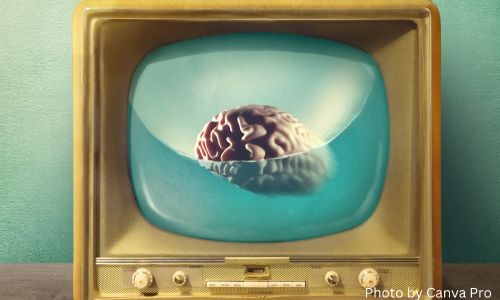 Old-fashioned TV with manual controls shows screen with water covering the bottom half of a brain.