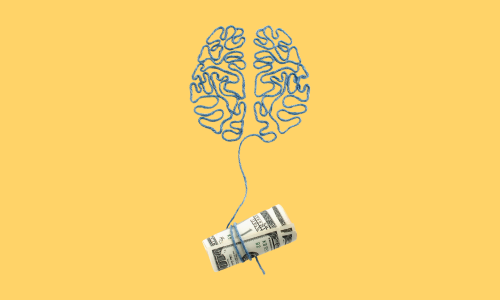 A brain made from blue string with one strand tied around a roll of money, set against a yellow background